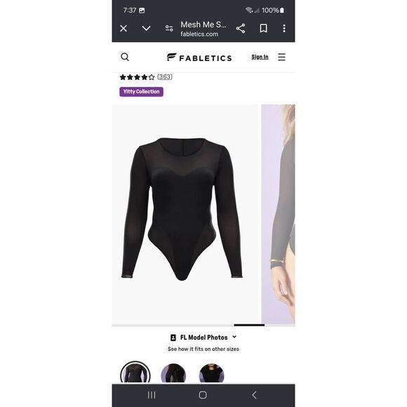 New Small Fabletics Yitty Iconic Black Mesh Me Smoothing Sleeved Thong Bodysuit - Picture 5 of 9